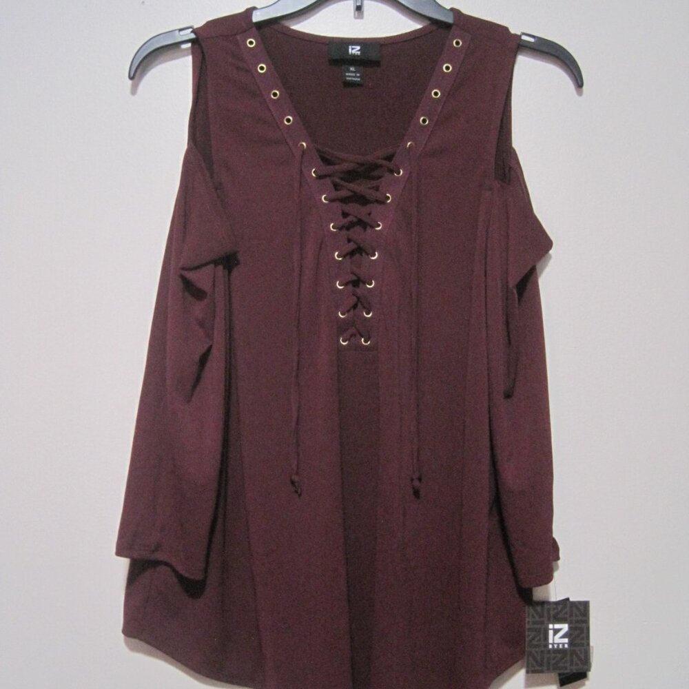 IZ Byer Purple Cold Shoulder Sleeves Crepe Lace Up Caged Front Tank Top Women XL